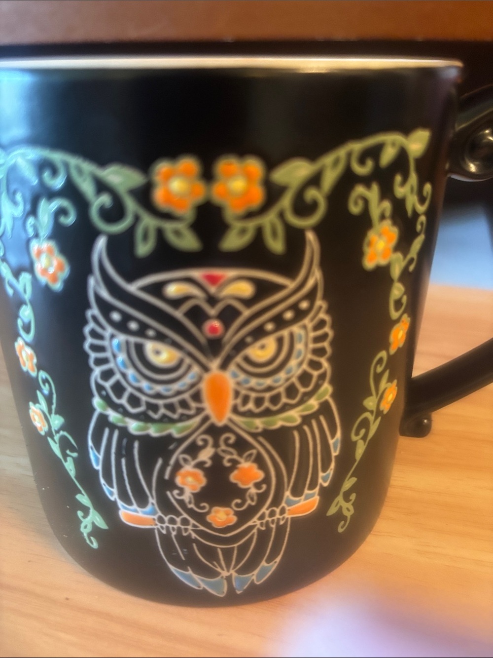 Black and Orange Owl Ceramic Mug with Floral Accents - Picture 7 of 7
